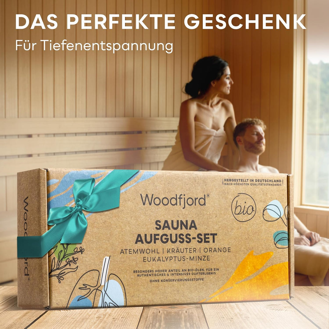 WOODFJORD Saunaaufguss Set BIO Harmonie I 4 verschiedene Saunadüfte und -Öle, je 100 ml I Premium Sa