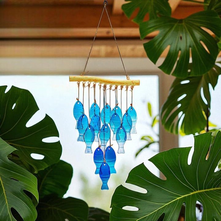 H&D HYALINE & DORA 58,4 cm blaues Glas Meereswindspiel, handgefertigtes Fisch Windspiel für draussen