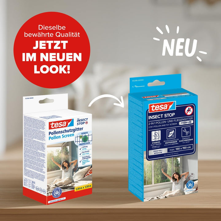 tesa Pollenschutzgitter im 2er Pack- zuschneidbarer, transparenter Pollenschutz für Allergiker - für