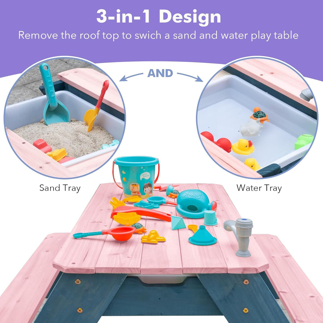 Kids 3-in-1 Sand- und Wasser-Aktivitätstisch, Holz, Outdoor, wandelbarer Picknicktisch mit Regenschi
