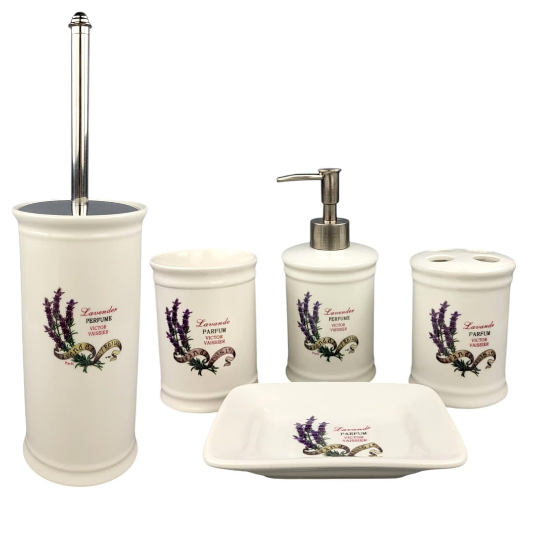 GMMH Landhaus Vintage BADSET Lavendel Badezimmer ZUBEHÖR Set SEIFENSPENDER WC BÜRSTE Keramik (5 er S