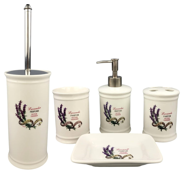 GMMH Landhaus Vintage BADSET Lavendel Badezimmer ZUBEHÖR Set SEIFENSPENDER WC BÜRSTE Keramik (5 er S
