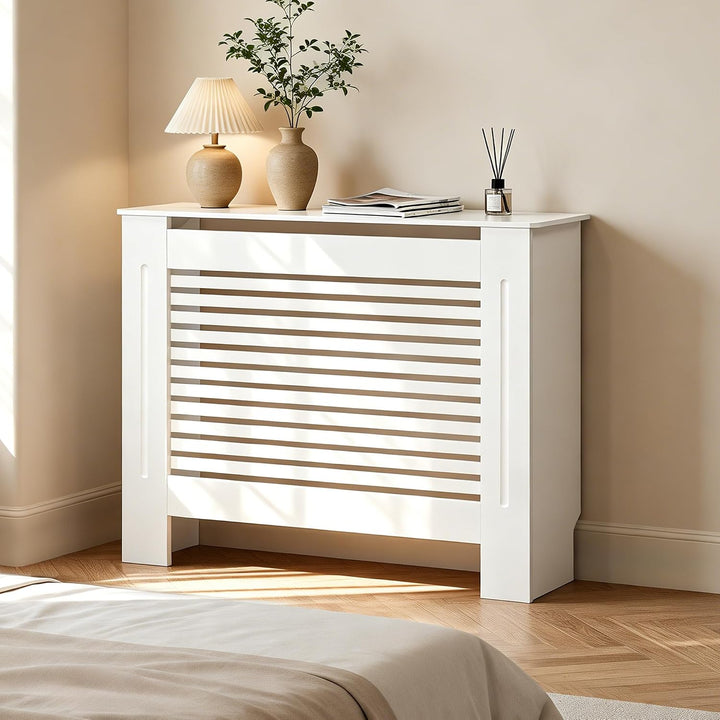 FATIVO Heizkörperverkleidung Hohe Heizkörperabdeckung Horizontal Holz 101×111×19 cm Weiss aus MDF la