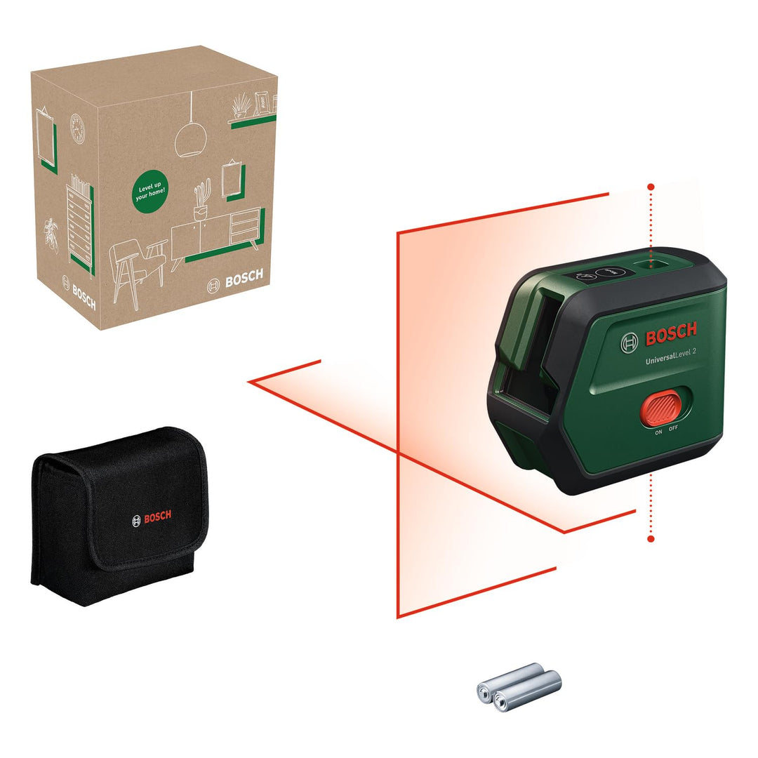 Bosch Kreuzlinienlaser UniversalLevel 2 (Laserkreuz inkl. integrierter Lotpunkte für präzises Ausric