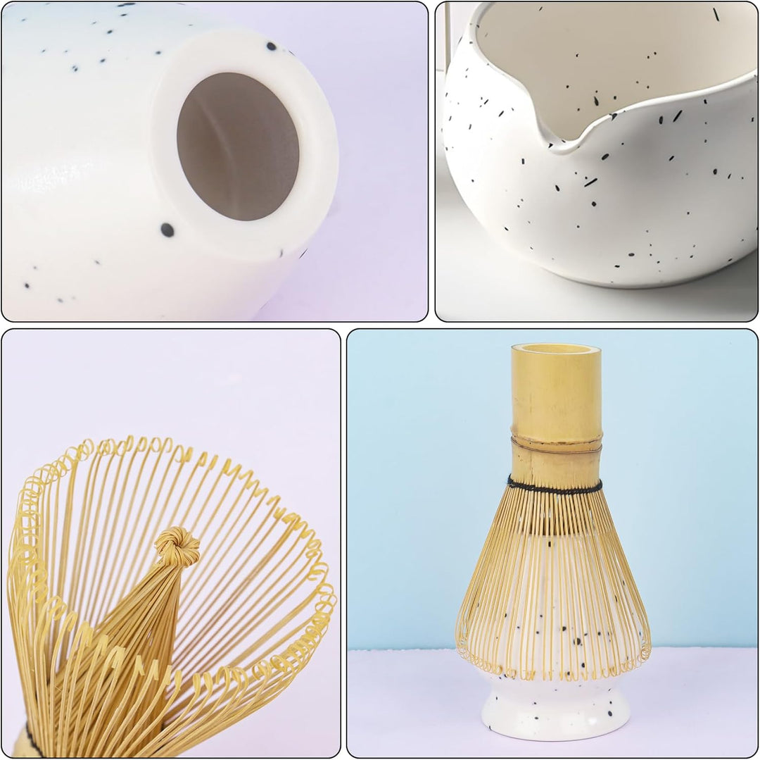 Nideen Matcha Set Weiss mit Besen, Keramik Schale, Matcha Löffel & Halter–Matcha Besen Set für die M