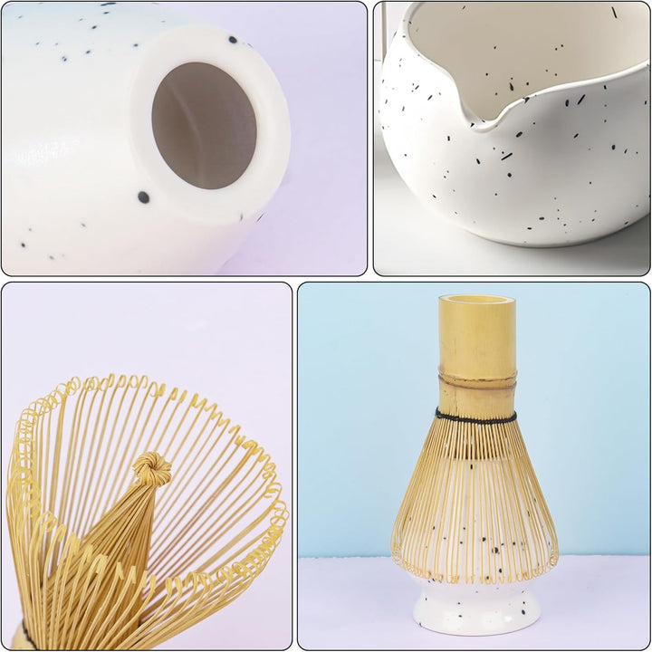 Nideen Matcha Set Weiss mit Besen, Keramik Schale, Matcha Löffel & Halter–Matcha Besen Set für die M