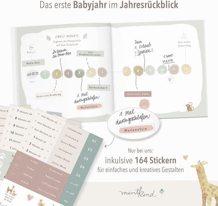 mintkind® Mein erstes Jahr Babyalbum Salbei – sanftes Babytagebuch mit 176 Seiten und Sticker-Set fü
