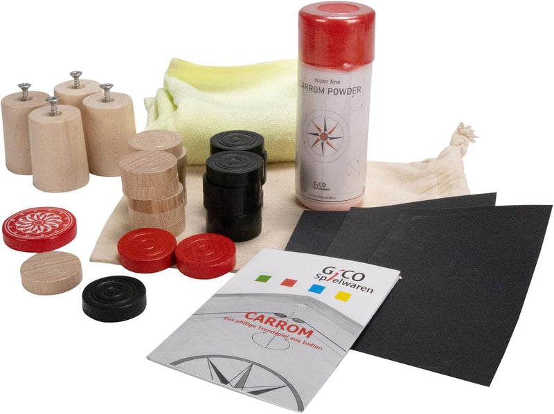 GICO Carrom Zubehör Set für alle handelsüblichen Boards: Carrom Steine, Gleitpulver, Pflegeset, Füss
