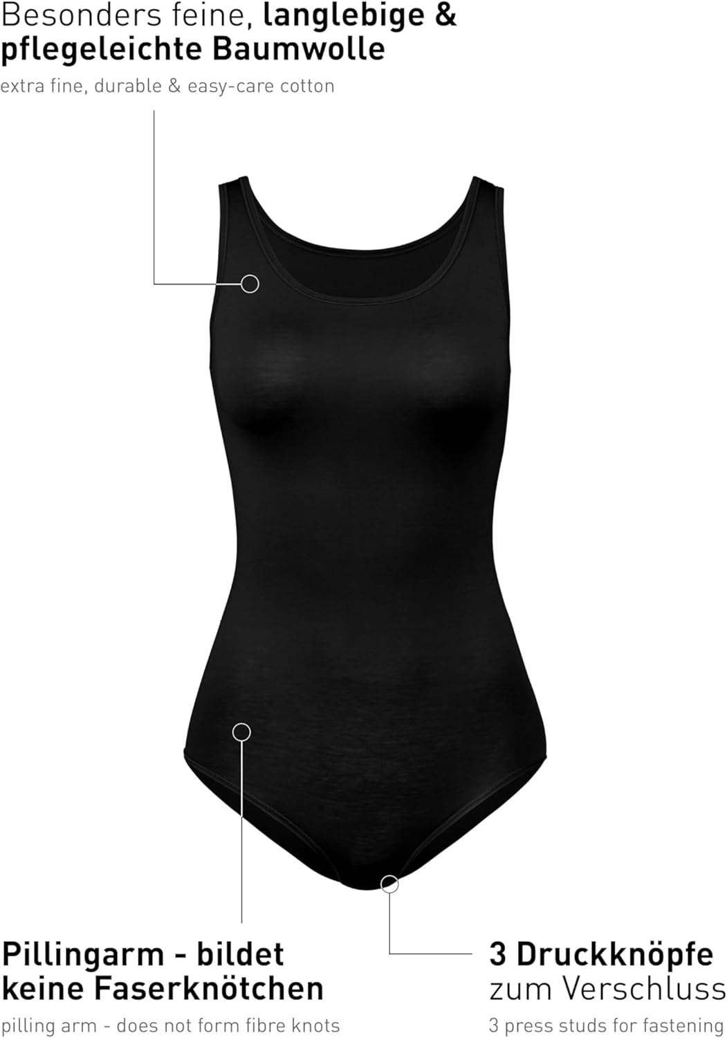 CALIDA Natural Comfort Body ohne Arm Damen, mit DREI Druckknöpfen zu öffnen Schwarz 36-38, Schwarz 3