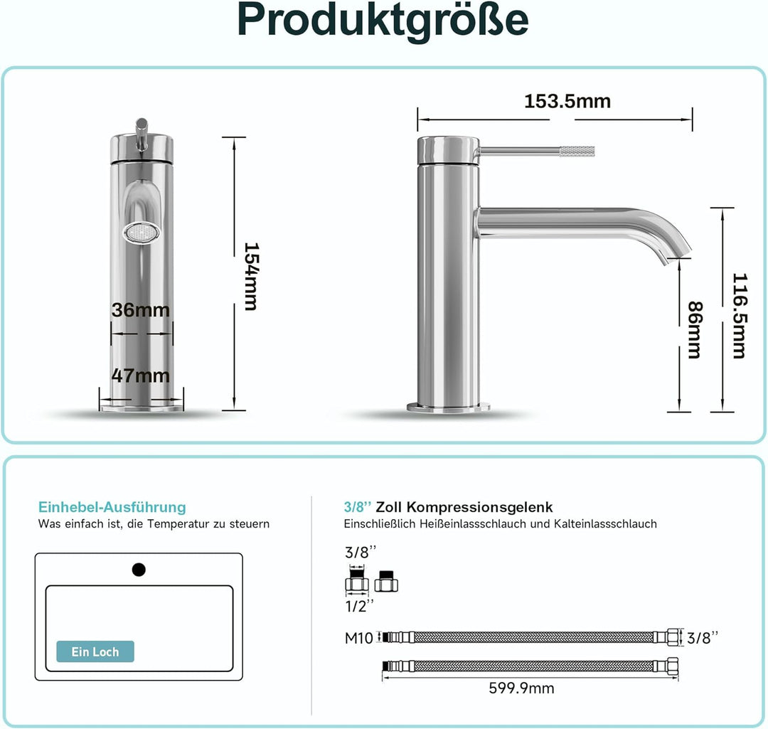 Wasserhahn Bad Einhebelmischer Waschtischarmatur für Badezimmer mit Auslaufhöhe 86 mm für Gäste-WC A
