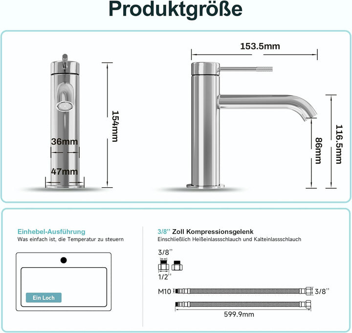 Wasserhahn Bad Einhebelmischer Waschtischarmatur für Badezimmer mit Auslaufhöhe 86 mm für Gäste-WC A