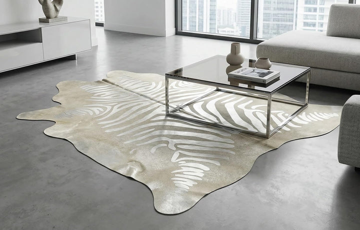 generisch Kuhfell Stierfell Teppich Zebra Silber Devore ca. 220 x 170 cm aus Brasilien Kuhfell hellg