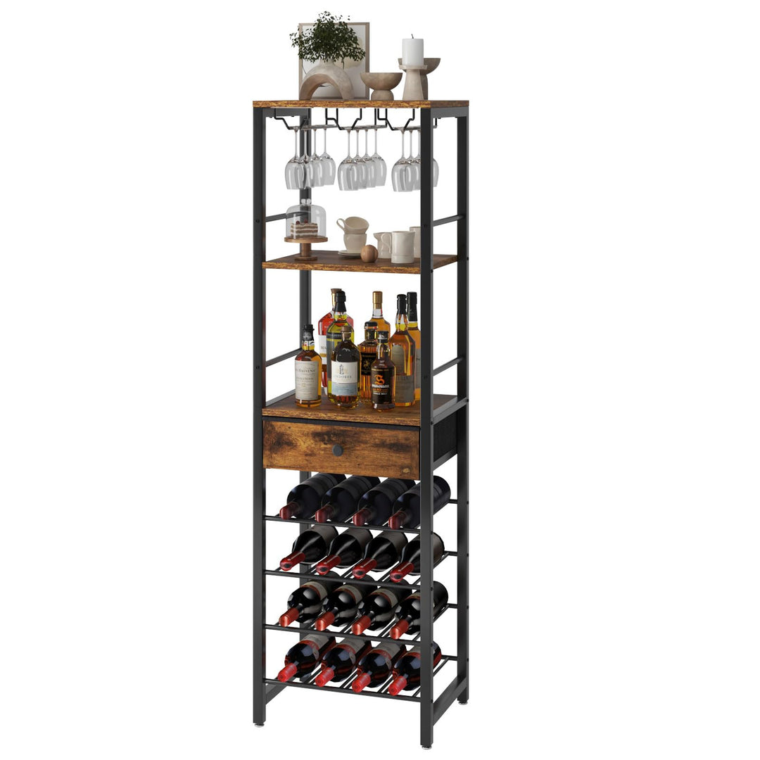 IBUYKE Weinregal, 4-Lagiges Freistehendes Weinregal Mit Glashalter Und Schublade, 16 Flaschenregal C