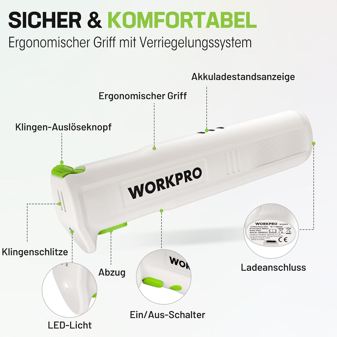 WORKPRO Elektromesser 8V, Kabelloses Küchenmesser mit 2 Edelstahlklingen, Elektrisches Messer mit Ga