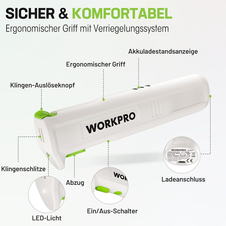 WORKPRO Elektromesser 8V, Kabelloses Küchenmesser mit 2 Edelstahlklingen, Elektrisches Messer mit Ga