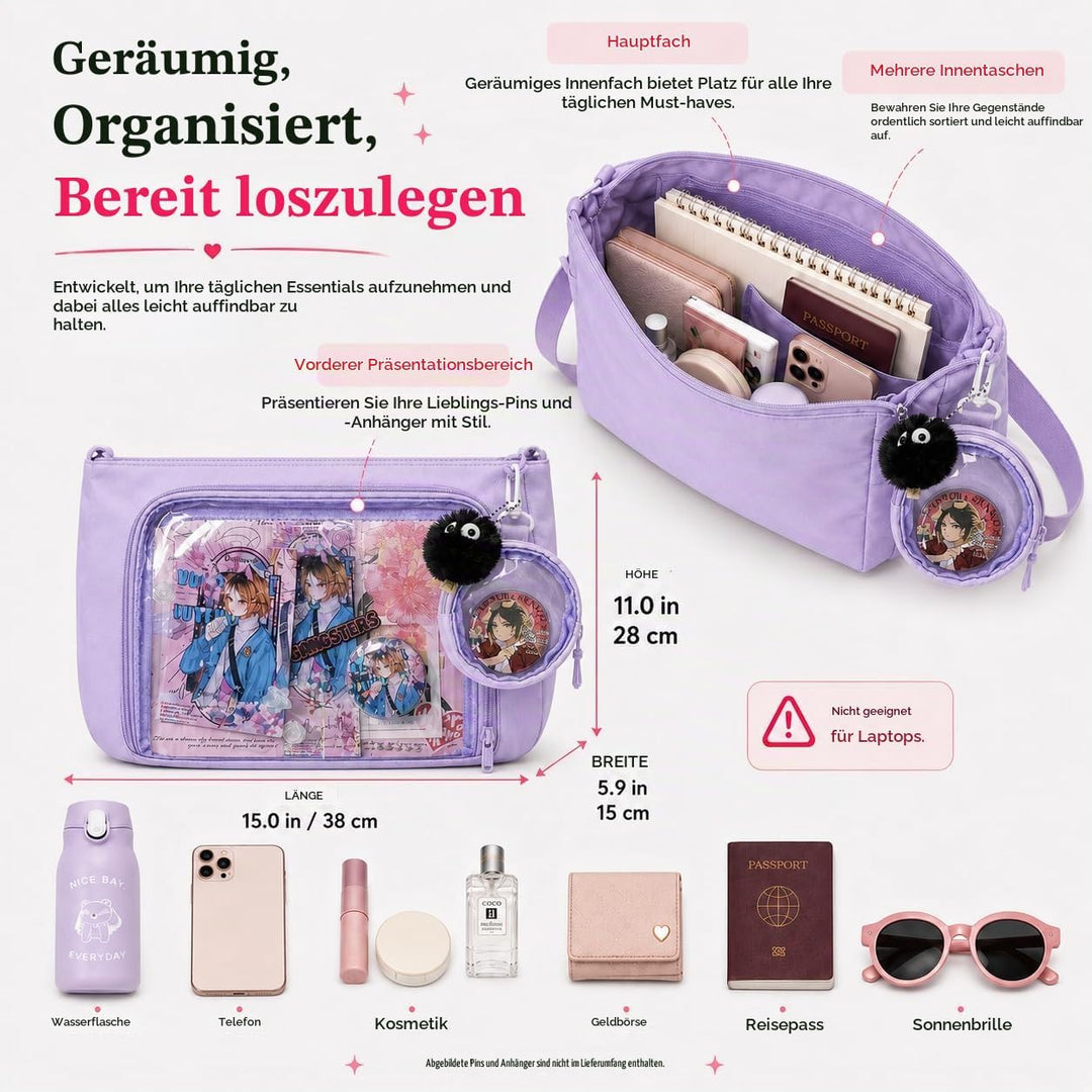 Ita Crossbody Tasche für Damen, Nylon Schultertasche mit transparentem Display-Fenster und herausneh