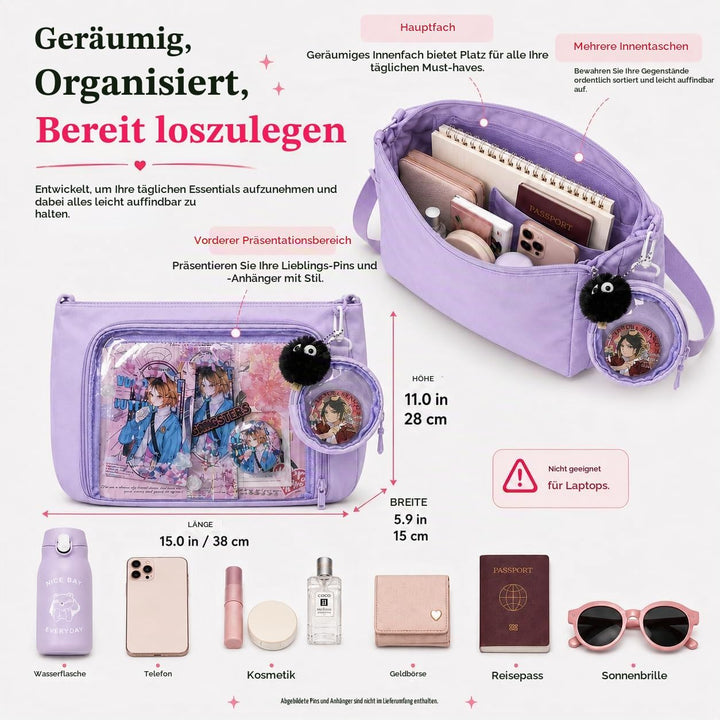 Ita Crossbody Tasche für Damen, Nylon Schultertasche mit transparentem Display-Fenster und herausneh