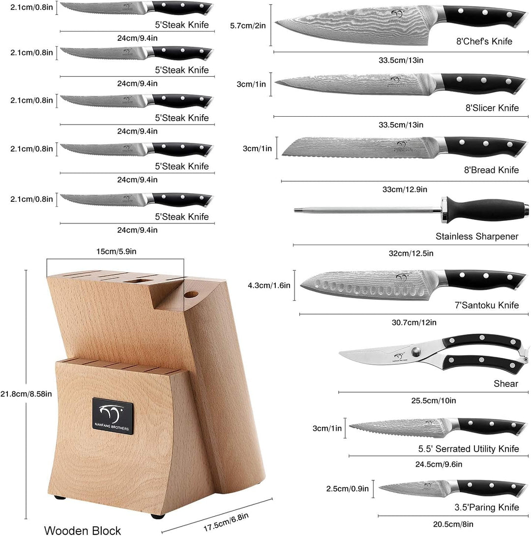 NANFANG BROTHERS Damastmesser Set mit Buchenholzmesserblock, Messerblock mit Messer Scharfem Profi K
