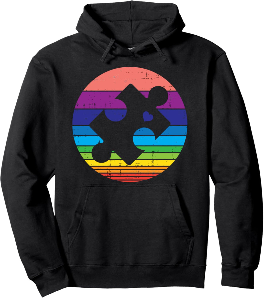 Retro Puzzle Heart Autism Awareness Men Women Kids Teacher Pullover Hoodie