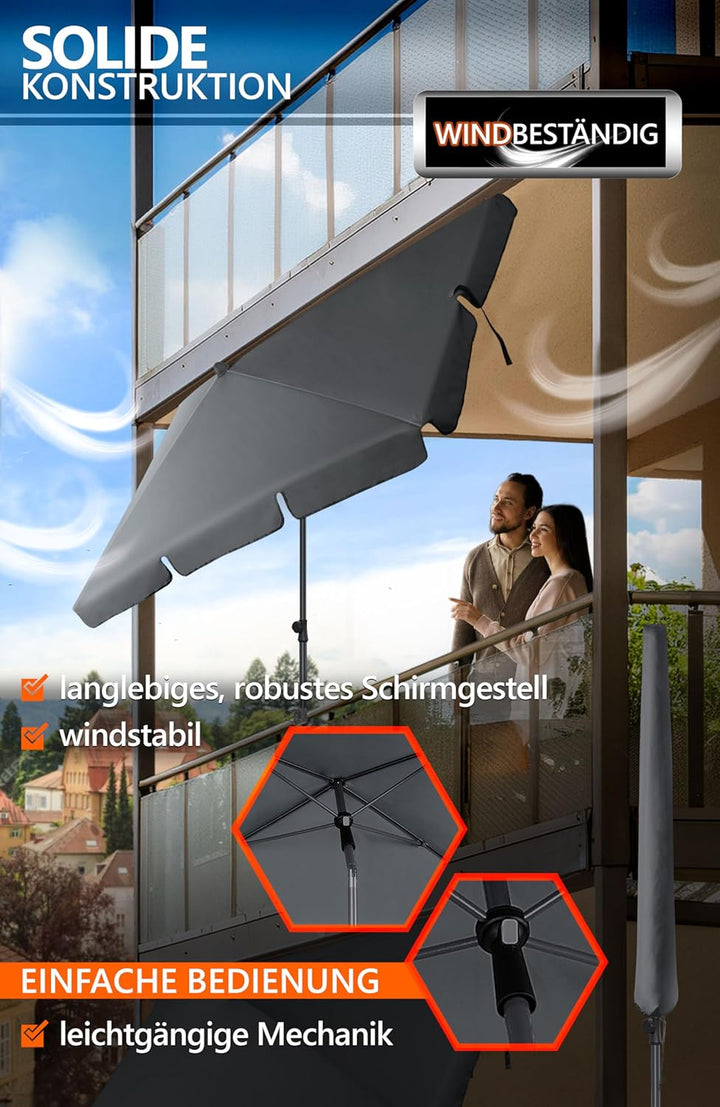 4smile Sonnenschirm Balkon SunnyShade, 200 x 125 cm, Anthrazit - UPF 50+ Sonnenschirm rechteckig als