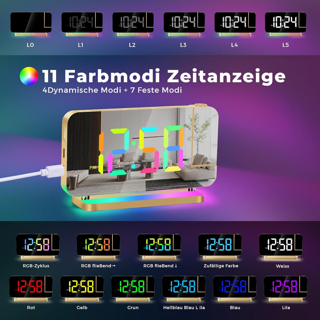 U-picks Projektionswecker,Wecker Digital,7.4" LED-Spiegeluhr mit um 180°Drehbarem Projektor,11 RGB-F