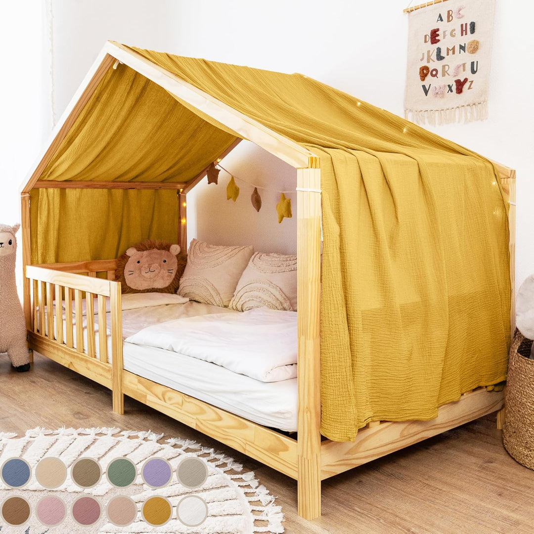 lilimaus Hausbett Himmel [Gelb] - Betthimmel Hausbett aus 100% Baumwolle Musselin Handmade - Stoffhi