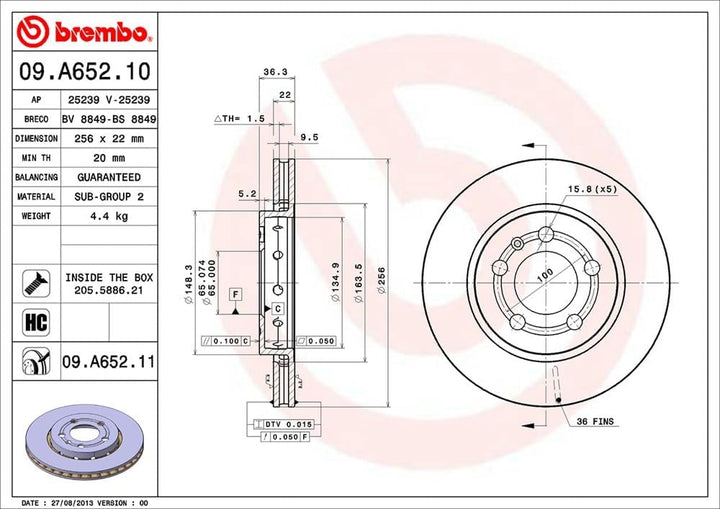Brembo 09.A652.11 COATED DISC LINE Bremsscheibe - Paar