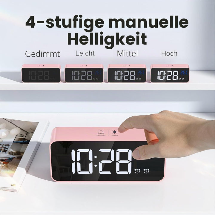 Wecker Digital, LED Digitaluhr mit Temperaturanzeige Tragbarer Spiegelalarm Tischuhr mit 2 Alarmen 1