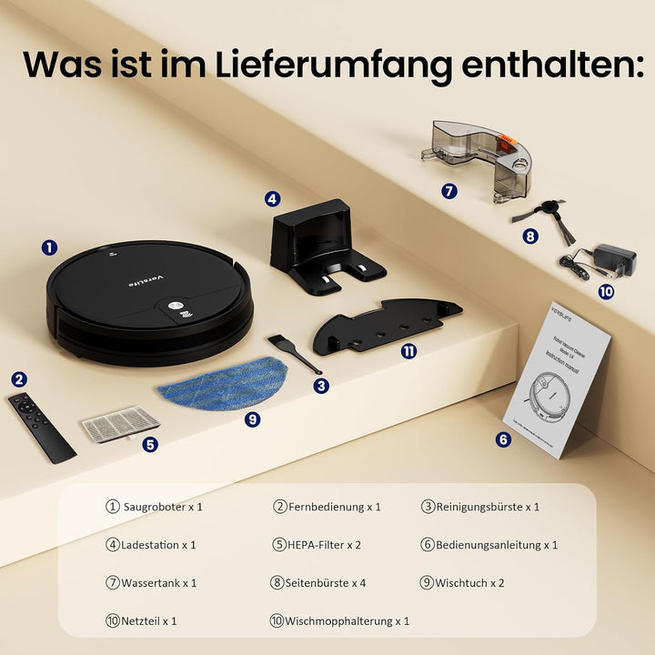 VersLife L6 Saugroboter mit Wischfunktion, 4000Pa Staubsauger Roboter Schwarz, Schwarz