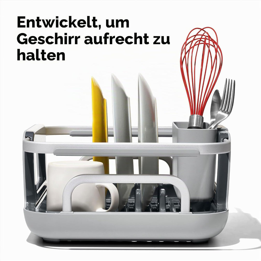 OXO Good Grips Ausziehbares Aluminium-Geschirrgestell für die Spüle, Abtropfgestell für Spülbecken,