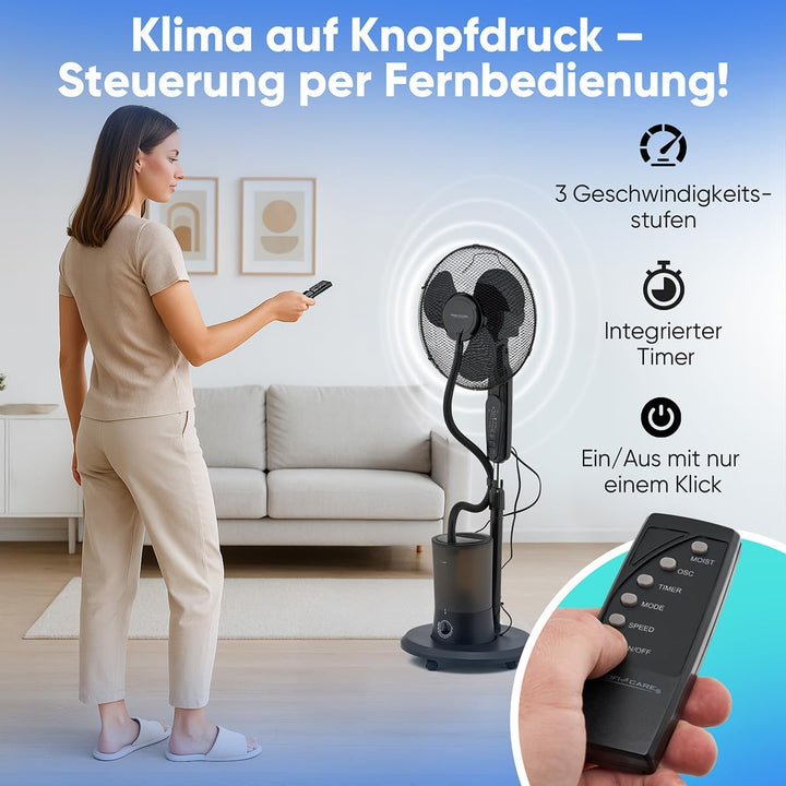 ProfiCare® Ventilator leise mit Luftbefeuchter | Schwenkfunktion | Höhe und Winkel verstellbar | 3 S