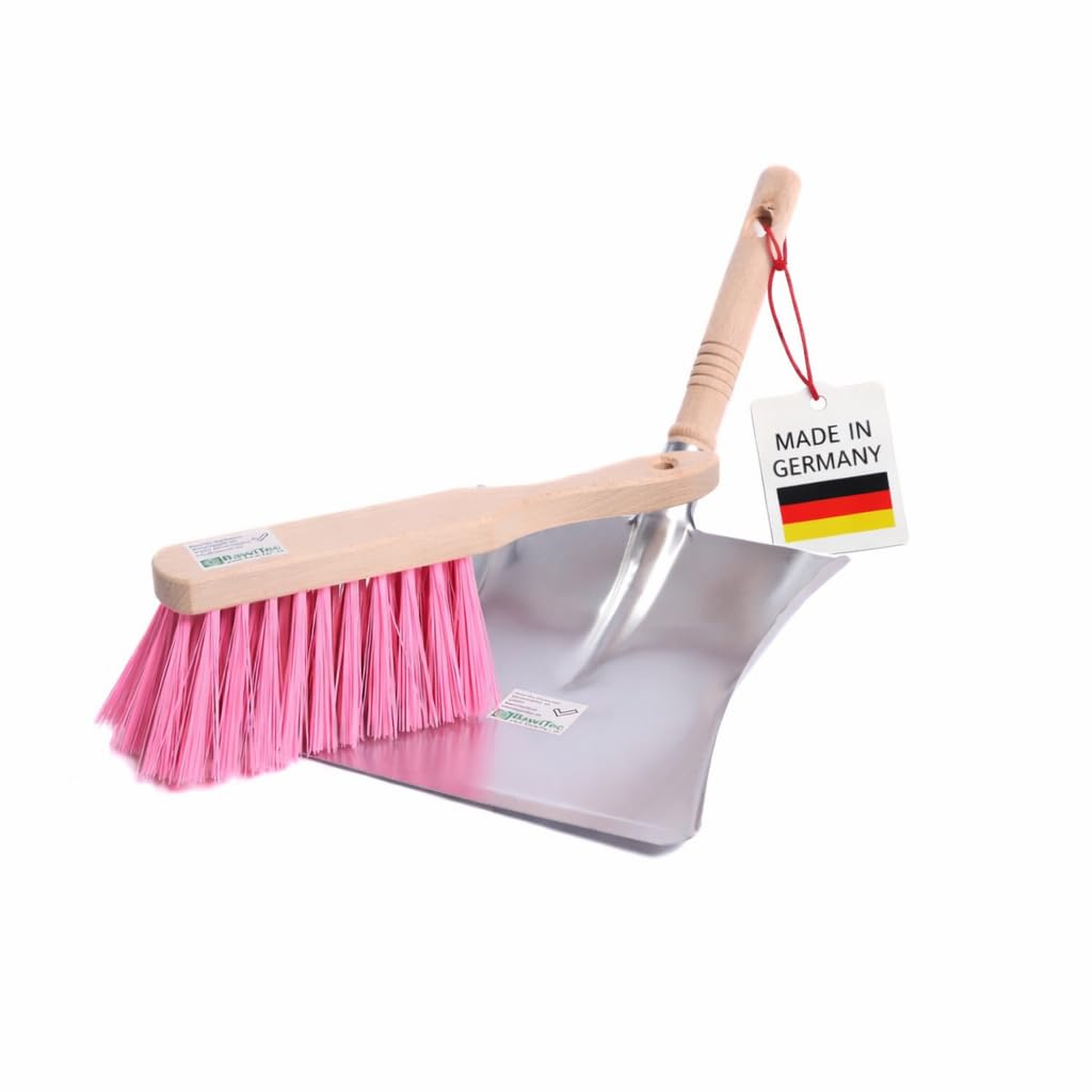 Pink-Star Besen Handfeger Set mit Pinker Borste und Metall-Kehrschaufel mit Holzgriff Kehrgarnitur f