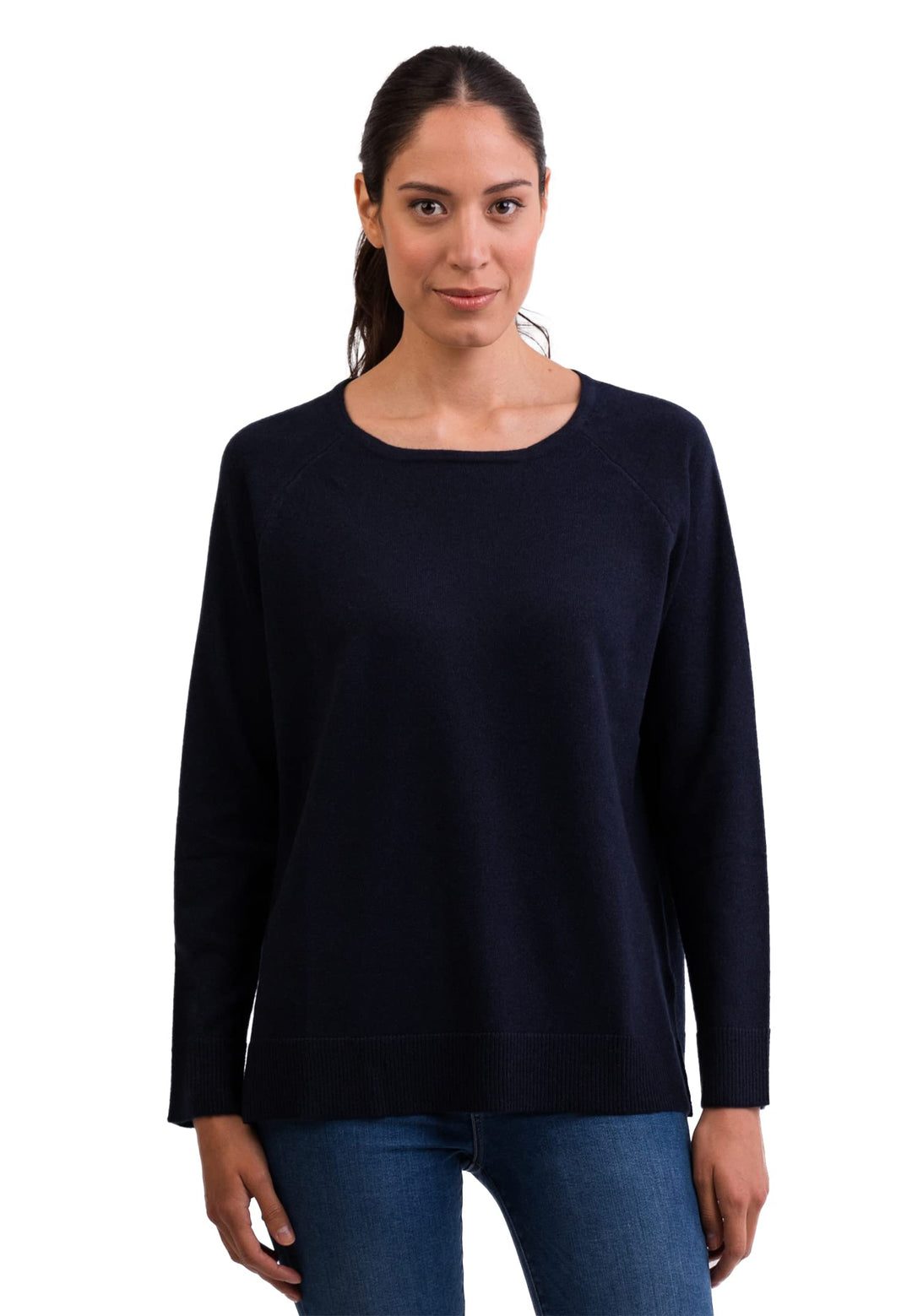 CASH-MERE.CH 100% Kaschmir Damen Pullover mit geradem Schnitt und Seitenschlitz | Sweater Rundhalsau