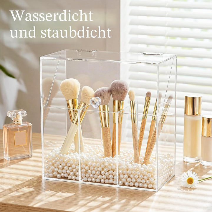 Okllen Make-up-Pinselhalter mit Staubdichtem Deckel, Weisse Perlen, Transparenter Acryl-Make-up-Pins