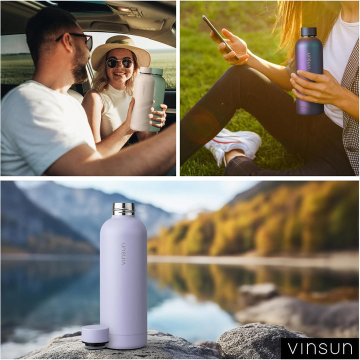 Vinsun Edelstahl Trinkflasche 500ml creme weiss - auslaufsicher, Kohlensäure geeignet, BPA frei - Th