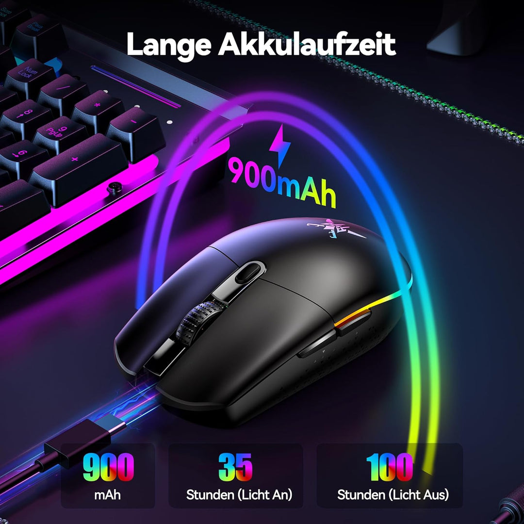 TECKNET Kabellose Gaming-Maus, RGB 2.4G/USB-C Kabelgebundene Gaming-Maus, 8000 DPI Wiederaufladbar,
