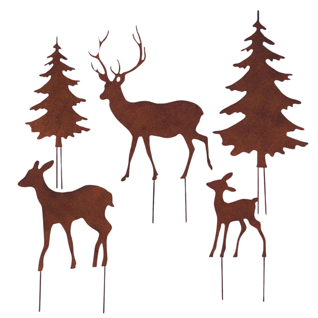 Gartenstecker Deko Rehe und Hirsche mit 2 Tannen in Rostpotik 5er Set - Weihnachtsdeko zum Basteln -