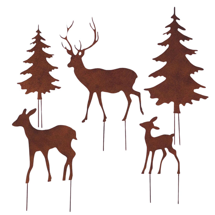Gartenstecker Deko Rehe und Hirsche mit 2 Tannen in Rostpotik 5er Set - Weihnachtsdeko zum Basteln -