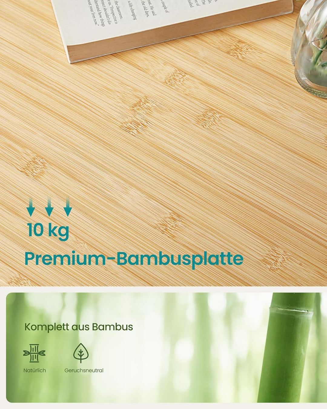 SONGMICS Höhenverstellbarer Laptoptisch mit Schublade, klappbarer Notebooktisch aus Bambus, Betttisc