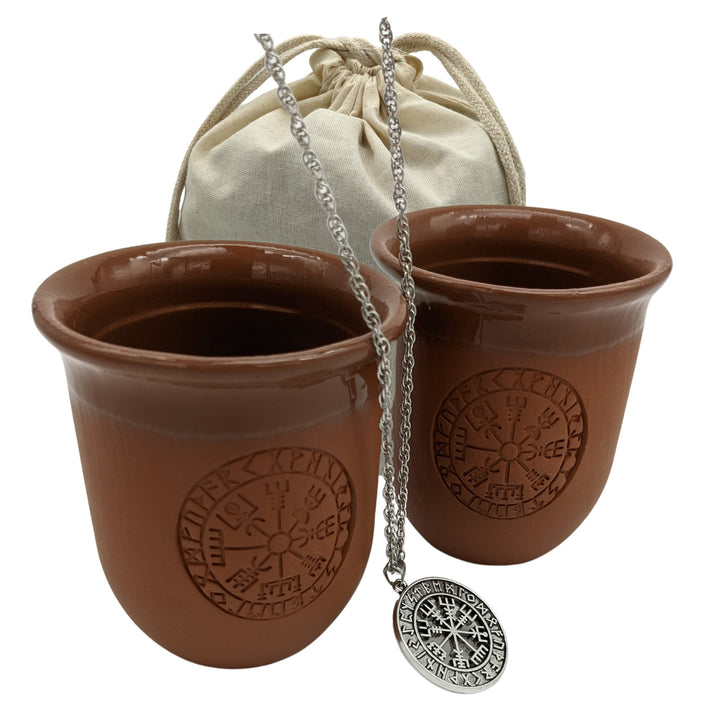 Tonbecher Set Vegvisir - Keramik Becher mit Gravur, Mittelalter Kaffeebecher, 200 milliliters