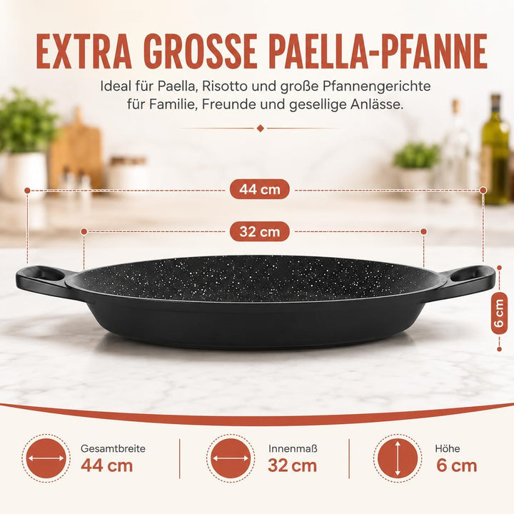 ROYAL SWISS Paella Pfanne 32 cm Schwarz, Aluminiumguss Paellera mit Marmor Antihaftbeschichtung, Ind