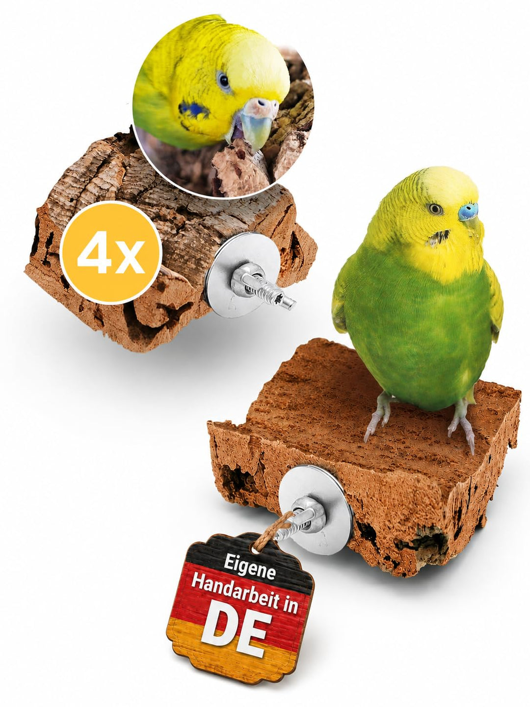 Vogelgaleria® 4 x Kork-Pickstein für Vögel. Die leckere Alternative zum Kalkstein oder Sepia-Schale,