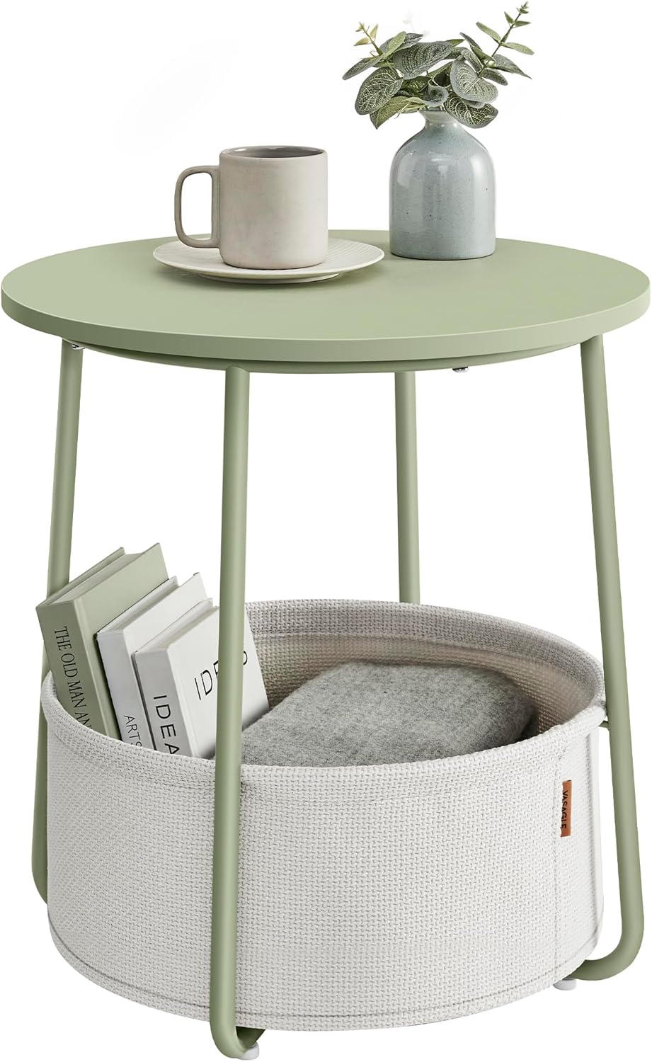 VASAGLE Beistelltisch rund, Kleiner Tisch, Couchtisch klein, Wohnzimmertisch mit Korb aus Stoff, Sta