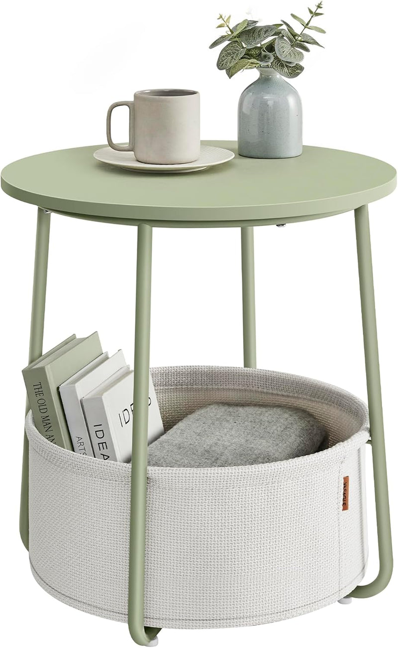 VASAGLE Beistelltisch rund, Kleiner Tisch, Couchtisch klein, Wohnzimmertisch mit Korb aus Stoff, Sta