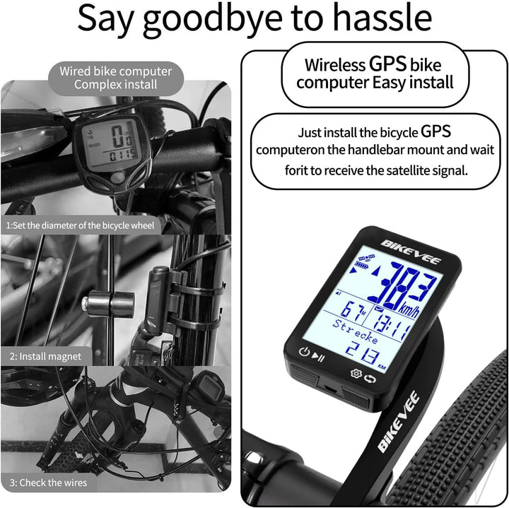 GPS Fahrradcomputer Kabellos IPX7 Wasserdicht 2.4'' FSTN Display 28H Akku Schwarz-B【Verlängerte Fron