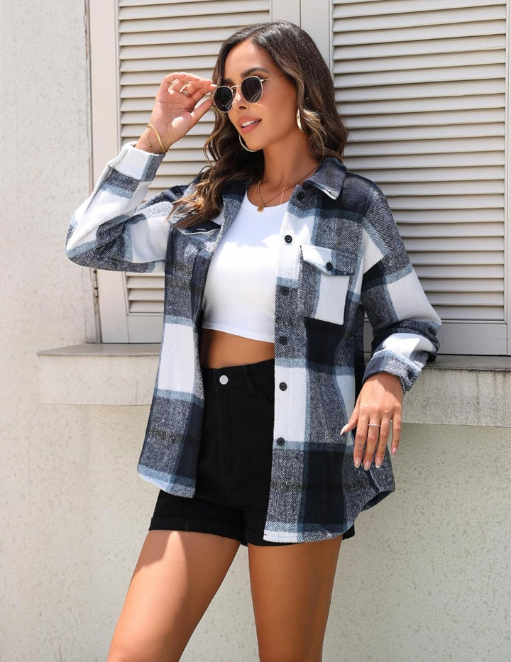 Zeagoo Damen Hemdjacke Karierte Jacke Langarm Shacket Mantel Flanell Jacke Hemdbluse mit Knöpfen Bla