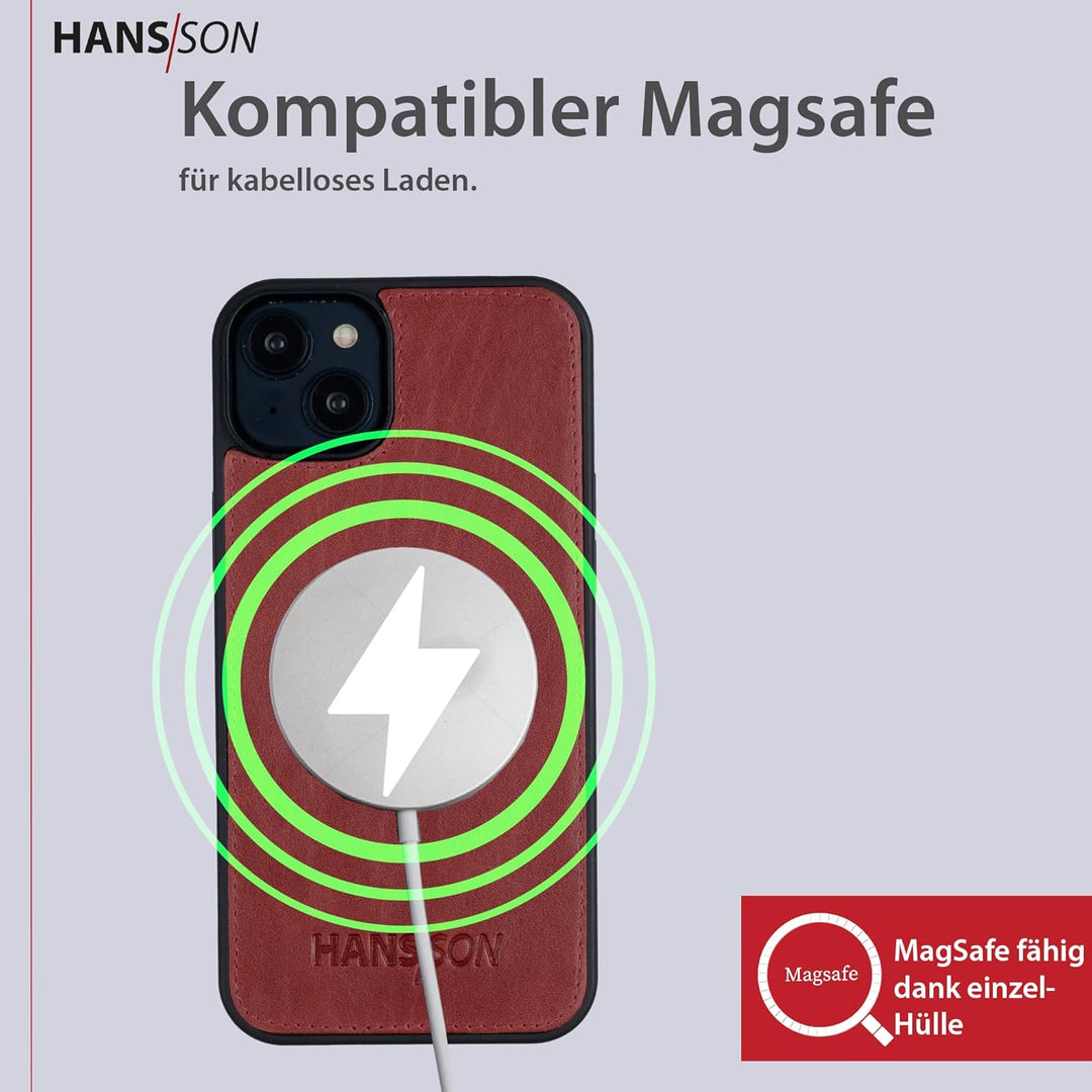 HANS/SON Echtlederhülle für iPhone 14 Plus | 6,7 Zoll | 2 in 1 Ledercase mit Kartenfächern | Roter G