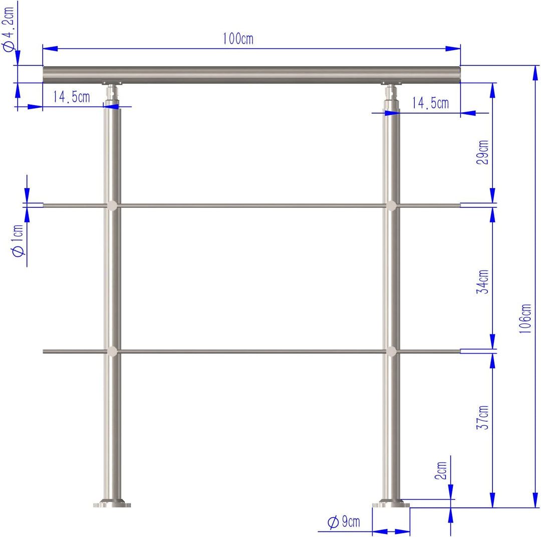 CAVATINY Edelstahl Handlauf Geländer für Treppen Brüstung Balkon mit 2 Querstreben - Innen und Ausse