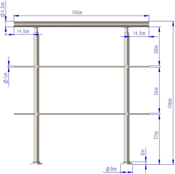 CAVATINY Edelstahl Handlauf Geländer für Treppen Brüstung Balkon mit 2 Querstreben - Innen und Ausse