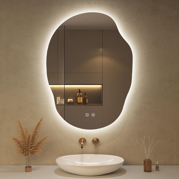 Spiegel mit Beleuchtung Asymmetrischer LED Badspiegel 56 x 76 cm mit Touch-Schalter, Dimmbar 3 Licht